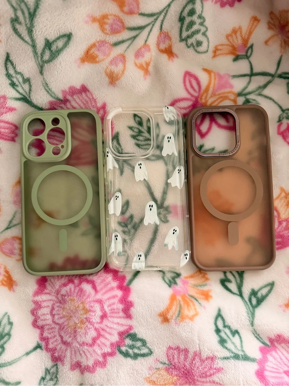 Phone Case Trio - Green, Clear Ghost Print, and Brown Protective Cases